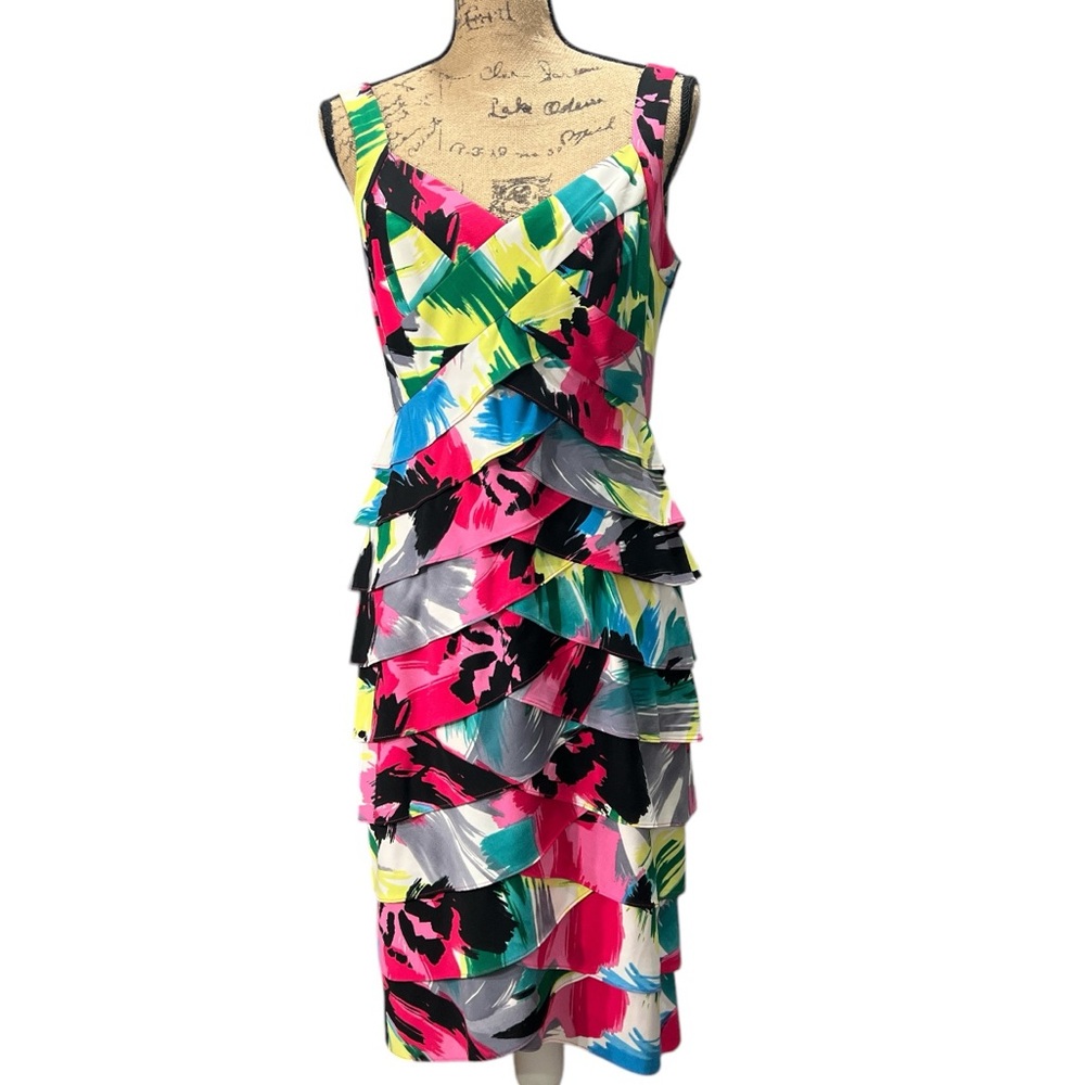 London Times EC multi-colored abstract print dress with a layered, ruffled skirt